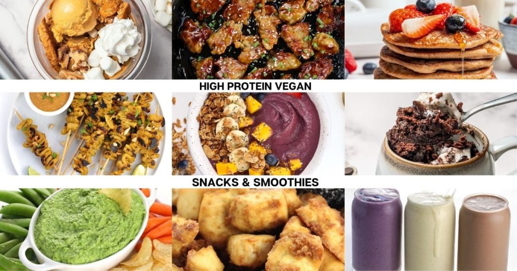 magas fehérjetartalmú vegán nassolnivalók és turmixok