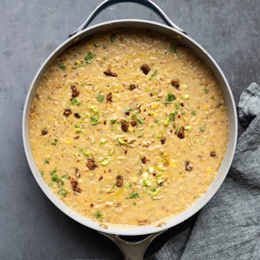 krémes kukoricaleves füstölt tofu bacon darabkákkal